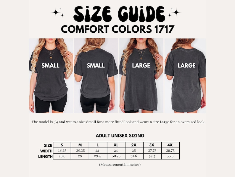 The image is a collage of four photos showing different sizes of black t-shirts, with the model size being 5'4" and the corresponding adult sizes.