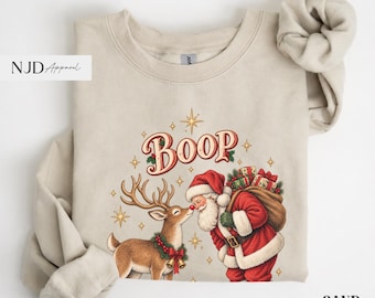 Vintage Reindeer Santa Boop Sweatshirt, Retro Christmas Graphic Tee, Trendy Holiday Shirt, Boxy Crop Tee, Cute Christmas Gift