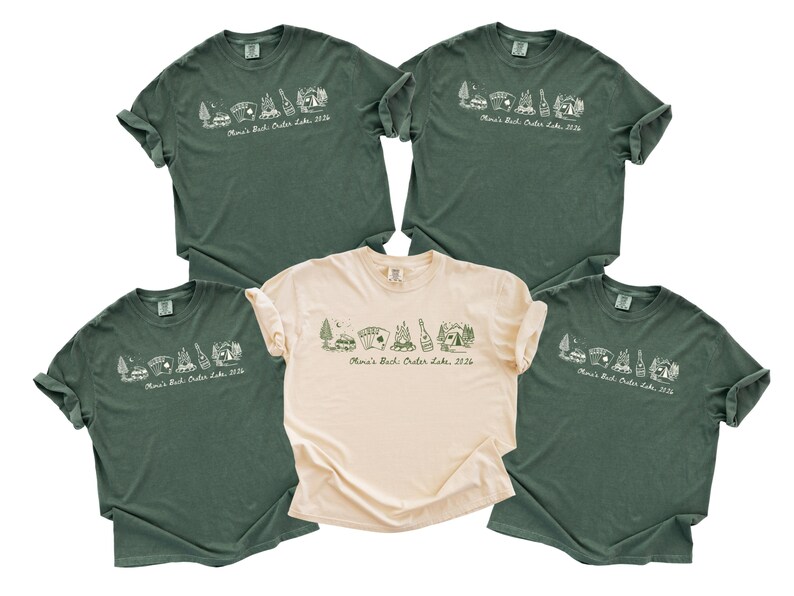 five green t-shirts with a similar design, arranged in a row.