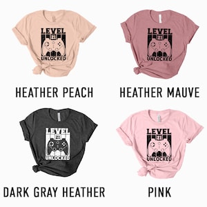 May include: Four t-shirts in different colors with a graphic of a video game controller and the text "Level 21 Unlocked". The colors are heather peach, heather mauve, dark gray heather, and pink.