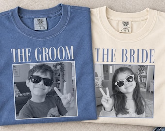 Custom Bride and Groom Photo Shirts, Matching Wedding Comfort Colors® Tees, Personalized Couple Shirts, Just Married Gift