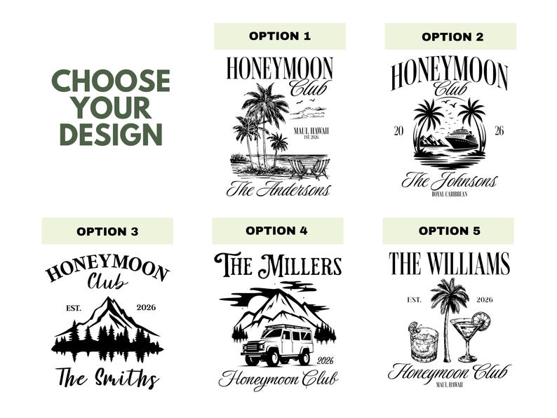 six different design options for a honeymoon club, each with its own unique design and branding.