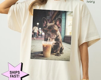 French Bulldog Shirt, Funny Frenchie Drinking Coffee, Vintage Dog Mom Tee, Pet Lover Gift, Comfort Colors®
