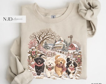 Vintage Christmas Puppies Shirt, Retro Holiday Sweatshirt, Cute Winter Dog Tee, Farmhouse Christmas Graphic, Dog Lover Gift
