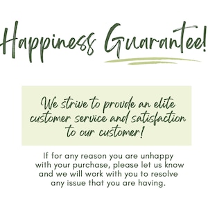 a green and white business card with the words happiness guarantee