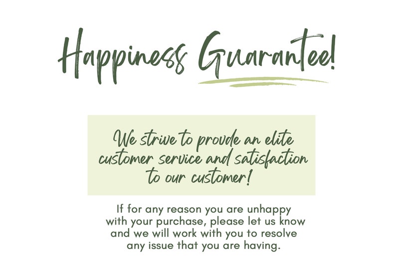 a green and white business card with the words happiness guarantee