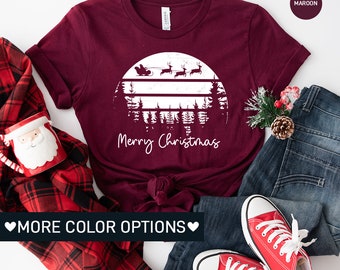 Merry Christmas Shirt for Women, Cute Christmas Reindeer TShirt for Christmas Gift for Her, Xmas Reindeer T-Shirt for XMas, Santa T Shirt