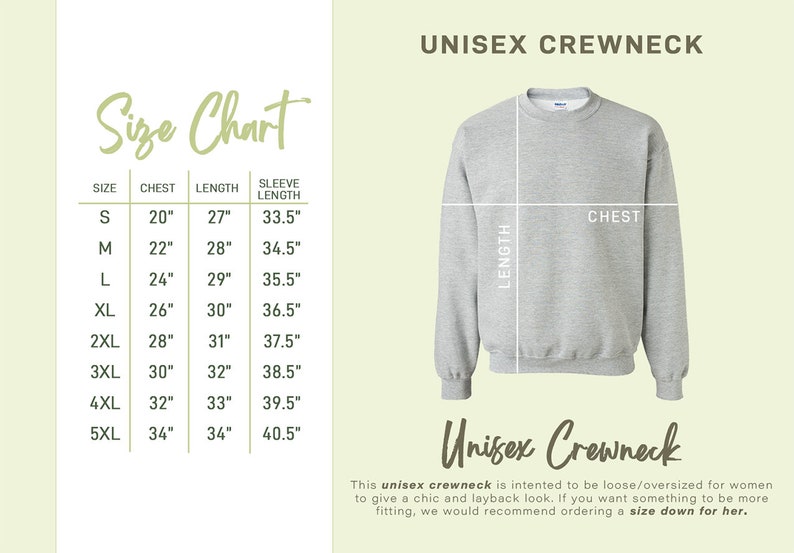 the size chart for a crew neck sweatshirt