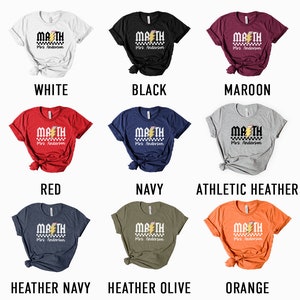 a group of different colored shirts with the names of them