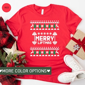 Merry Liftmas Weightlifting Shirt for Women, Ugly Sweater Christmas Fitness TShirt for XMas, Funny Gym T-Shirt for Christmas Workout Gift