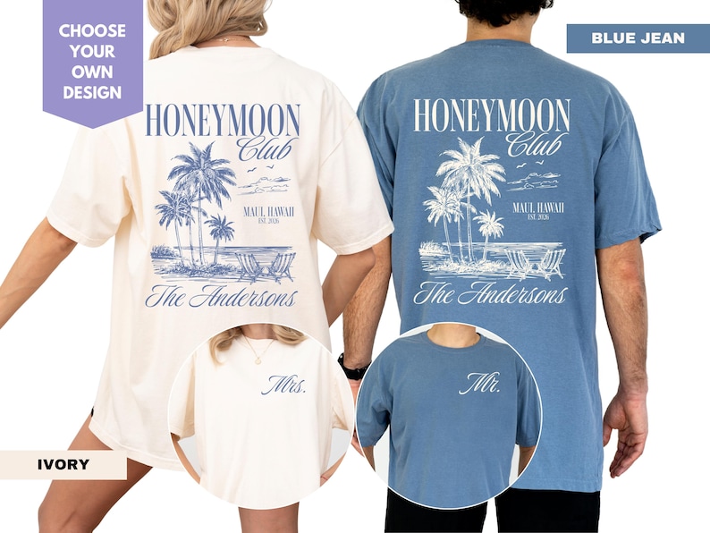 a couple wearing matching t-shirts with a beach scene design. The t-shirts are labeled "Honeymoon Club" and "The Andersons", suggesting they are personalized items for a couple.