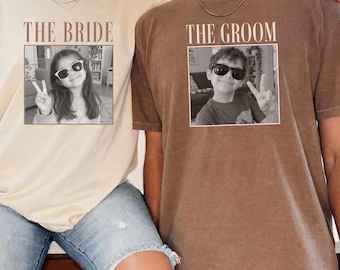 Custom Bride and Groom Photo Shirts, Matching Wedding Comfort Colors® Tees, Personalized Couple Shirts, Just Married Gift