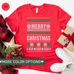 Ugly Sweater Shirt for Christmas, Retro Merry Christmas Ugly Sweater TShirt for Women, Cute Reindeer T-Shirt for Christmas Gift for Her