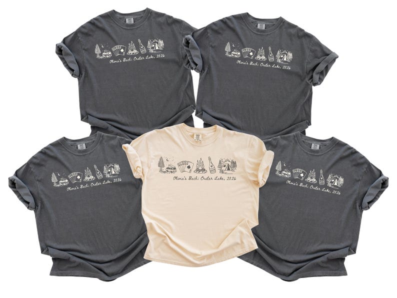 five t-shirts with a similar design, featuring icons of camping equipment and text that reads "Men's Camping Lodge Lake 2016".