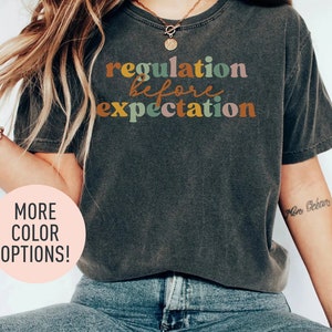 Puede incluir: Una camiseta gris oscura con el texto "regulation before expectation" en letras de colores. Las letras están en una fuente de estilo retro.