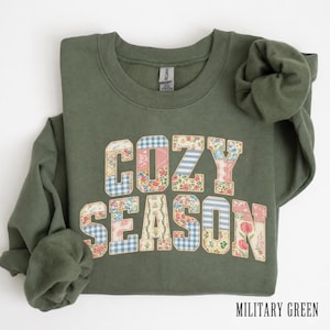 Può includere: Una felpa girocollo verde militare con la scritta COZY SEASON in stile patchwork. Le lettere sono riempite con vari motivi, tra cui quadretti vichy blu e bianchi, stampe floreali e righe, il tutto delineato da un filo color marrone chiaro.