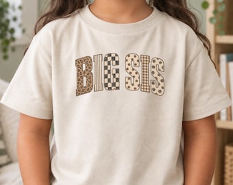Big Sis Shirt, Checkered Leopard Big Sister Tee, Big Sister Gift, Pregnancy Announcement Shirt, Sibling Reveal Bodysuit