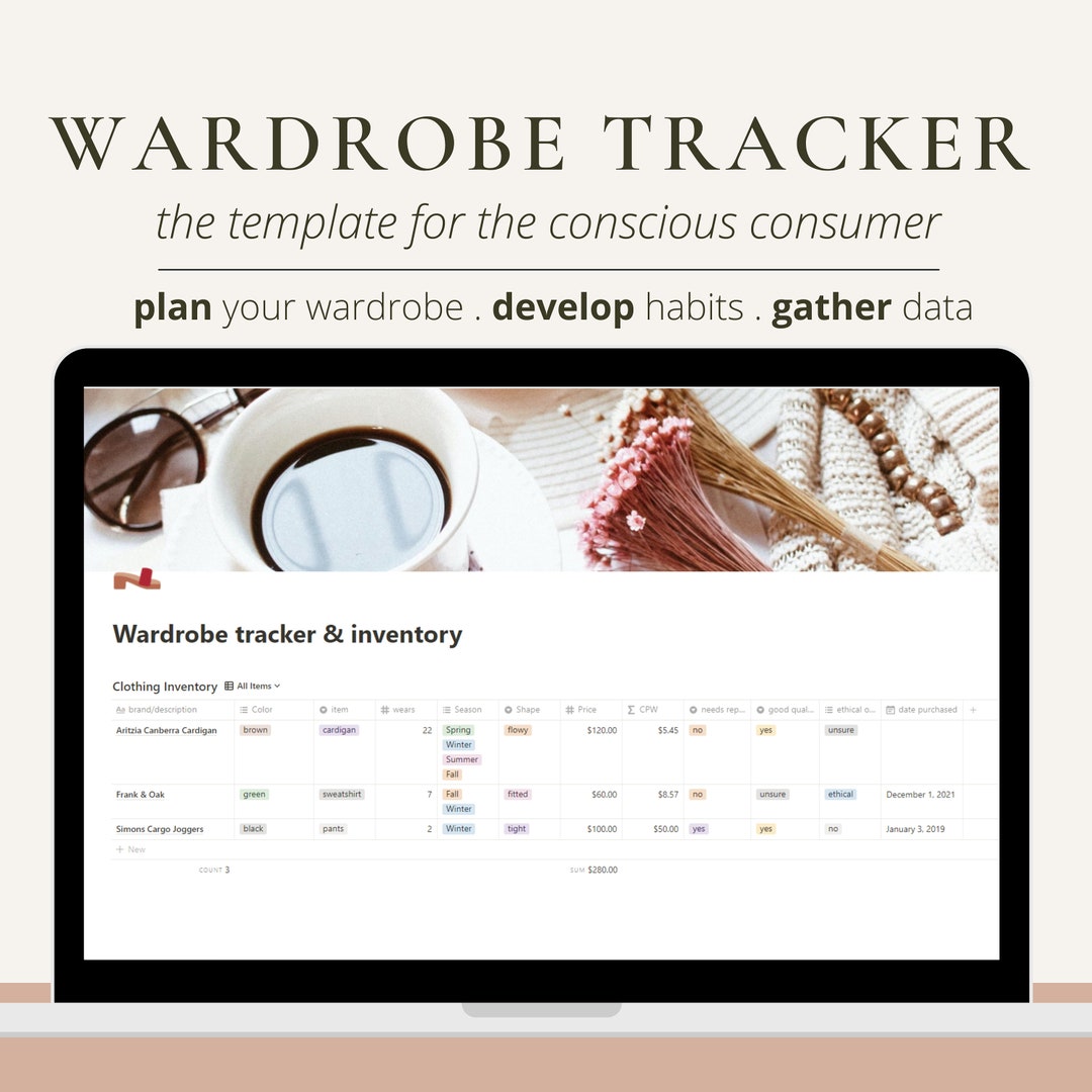 Wardrobe Tracker for Notion, Digital Wardrobe Tracker, Wardrobe Inventory for Notion, Capsule 