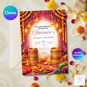 Invitación de mehndi india: Arco floral vibrante, Haldi Sangeet (Descarga digital)