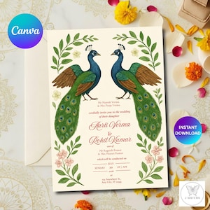 Elegant Indian Wedding Invitation: Peacock, Editable Template (Digital Download)