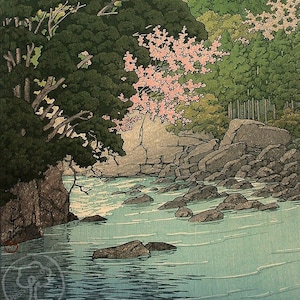 Japanese Art Print, Hasui Vintage Print, Ukiyo-e Art Print, Woodblock Print Reproduction, Spring, River, Cherry Blossom,  Giclée, Gift