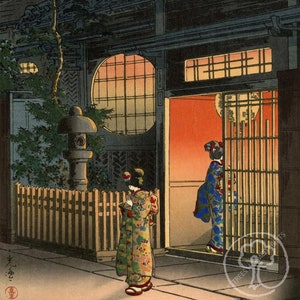 Japanese Art Print, Hasui Vintage Print, Ukiyo-e Art Print, Woodblock Print Reproduction, Tea House, Night, Giclée, Gift, Asian Art