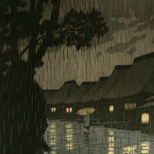Japanese Art Print, Hasui Vintage Print, Ukiyo-e Art Print, Woodblock Print Reproduction, Evening, Rain, Village, Giclée Print Gift, Japan