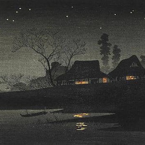 Japanese Art Print, Shotei Vintage Print, Ukiyo-e Art Print, Woodblock Print Reproduction, Starry Night, Lake, Giclée Print