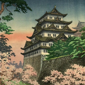 Japanese Art Print, Koitsu Vintage Print, Ukiyo-e Art Print, Woodblock Print Reproduction, Castle, Summer, Cherry Blossom, Giclée Print