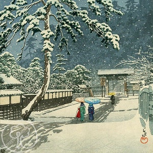 Japanese Art Print, Hasui Vintage Print, Ukiyo-e Art Print, Woodblock Print Reproduction, Winter, Snow, Temple, Gift, Giclée Print
