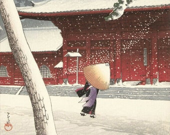 川瀬巴水作「芝増上寺の雪」日本美術版画、木版画、ジクレー、版画