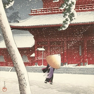 Japanese Art Print, Hasui Vintage Print, Ukiyo-e Art Print, Woodblock Print Reproduction, Temple, Winter, Snow, Wind, Giclée Print