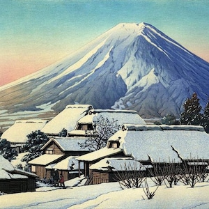 Japanese Art Print, Hasui Vintage Print, Ukiyo-e Art Print, Woodblock Print Reproduction, Snow, Winter, Yoshida, Mountain, Town Giclée Print