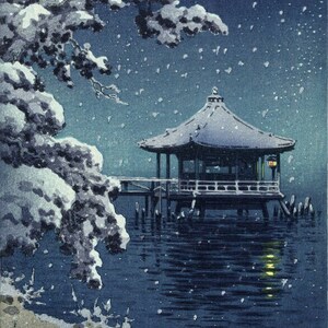 Japanese Art Print, Koitsu Vintage Print, Ukiyo-e Art Print, Woodblock Print Reproduction, Snow, Moonlight, Floating Temple, Giclée Print