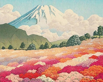 Impresión de arte japonés, Impresión vintage Hasui, Impresión de arte Ukiyo-e, Reproducción de impresión en bloque de madera, Jardín Azalea, Monte Fuji, Giclée, Regalo, Arte asiático