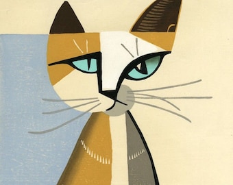 Impression d'art japonais, impression vintage Inagaki, impression d'art Ukiyo-e, reproduction d'estampe sur bois, chat japonais, cubisme, printemps, cadeau d'impression giclée