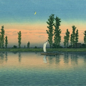 Japanese Art Print, Hasui Vintage Print, Ukiyo-e Art Print, Woodblock Print Reproduction, Lake, Sailing Boat, Sunset, Moon, Giclée Print