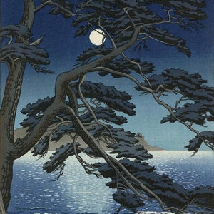 Japanese Art Print, Hasui Vintage Print, Ukiyo-e Art Print, Woodblock Print Reproduction, Full Moon, Beach, Ocean Waves, Gift, Giclée Print