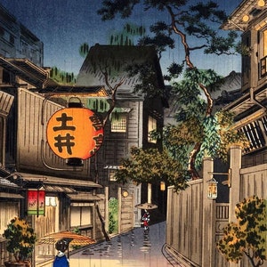 Japanese Art Print, Koitsu Vintage Print, Ukiyo-e Art Print, Woodblock Print Reproduction, Town Night Life, Evening, Lanterns, Giclée, Gift