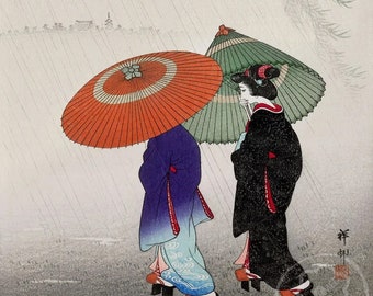 Japanese Art Print, Koson Vintage Print, Ukiyo-e Art Print, Woodblock Print Reproduction, Women, Umbrellas, Rain, Giclée, Asian Art, Gift