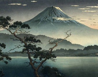 岡田幸一作「羽衣から見た富士山」木版画、ジクレー版画、日本、文化