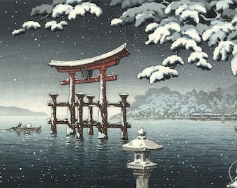 Japanese Art Print, Koitsu Vintage Print, Ukiyo-e Art Print, Woodblock Print Reproduction, Winter, Snow, Torii Gate Giclée Print Gift, Japan