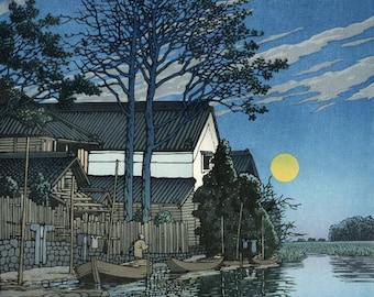 川瀬巴水作「潮来の夕べ」日本美術版画、木版画、ジクレー、版画、文化