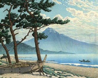 Japanese Art Print, Hasui Vintage Print, Ukiyo-e Art Print, Woodblock Print Reproduction, Mount Fuji, Beach, Ocean, Sunny, Giclée Print,Gift