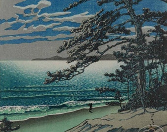 川瀬巴水作「松島二子の月の出」日本美術版画、木版画、ジクレー、版画