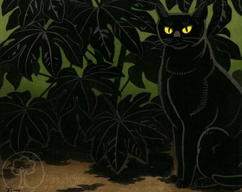 稲垣智雄による日本のアートプリント「夕焼けの猫」、木版画、ジクレー