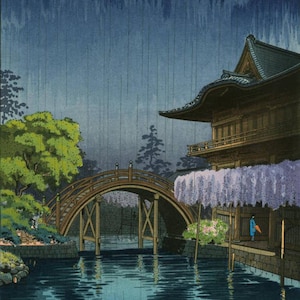 Japanese Art Print , Koitsu Vintage Print, Ukiyo-e Art Print, Woodblock Print Reproduction, Asian art, Japan, Bridge, Rain, Giclée, Gift