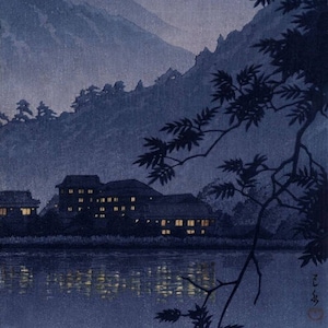 Japanese Art Print, Hasui Vintage Print, Ukiyo-e Art Print, Woodblock Print Reproduction, Asian art,  Mountains, night, lake - Giclée Print