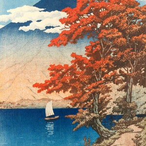 Impresión de arte japonés, Impresión vintage Hasui, Impresión de arte Ukiyo-e, Reproducción de impresión en bloque de madera, Arte asiático, Otoño, Otoño, Océano, Montaña, Giclée