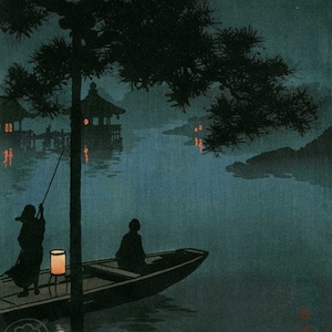 Japanese Art Print, Shoda Vintage Print, Ukiyo-e Art Print, Woodblock Print Reproduction, Lake, Night Boat, Lanterns, Stars, Giclée Print